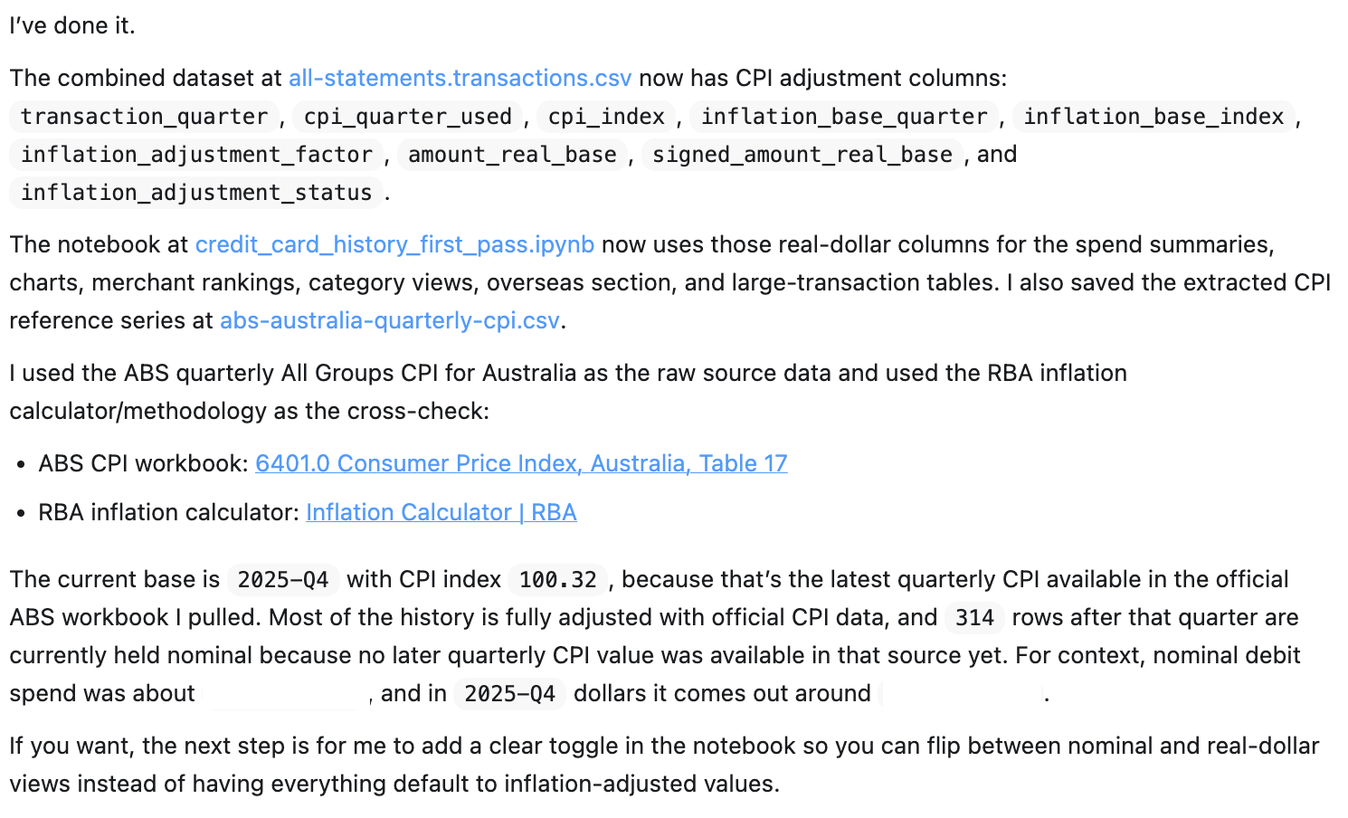 Codex screenshot discussing CPI